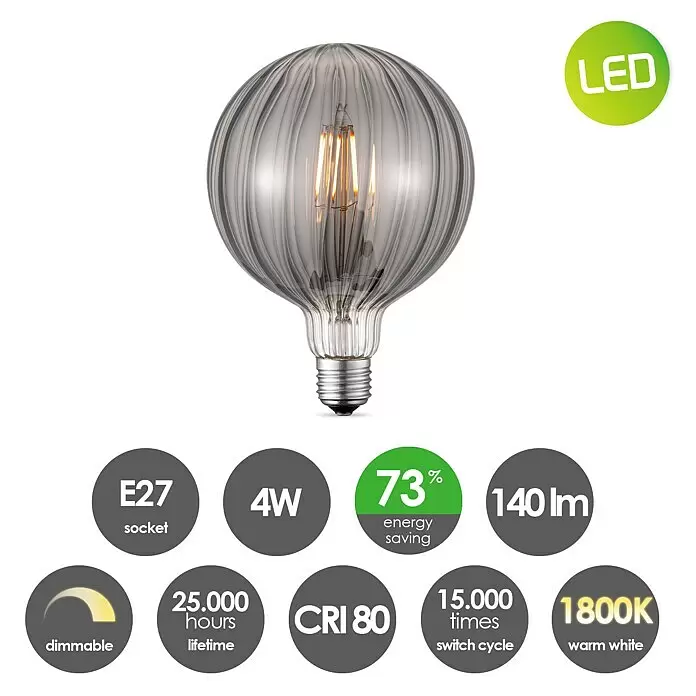 Home Sweet Home LED-Lampe Filament Classic Vintage Globe-Form gestreift - E27, Dimmbar, Warmweiß, 140 lm, 4 W - Graue, dimmbare LED-Glühbirne mit gewelltem Glas und E27-Sockel.