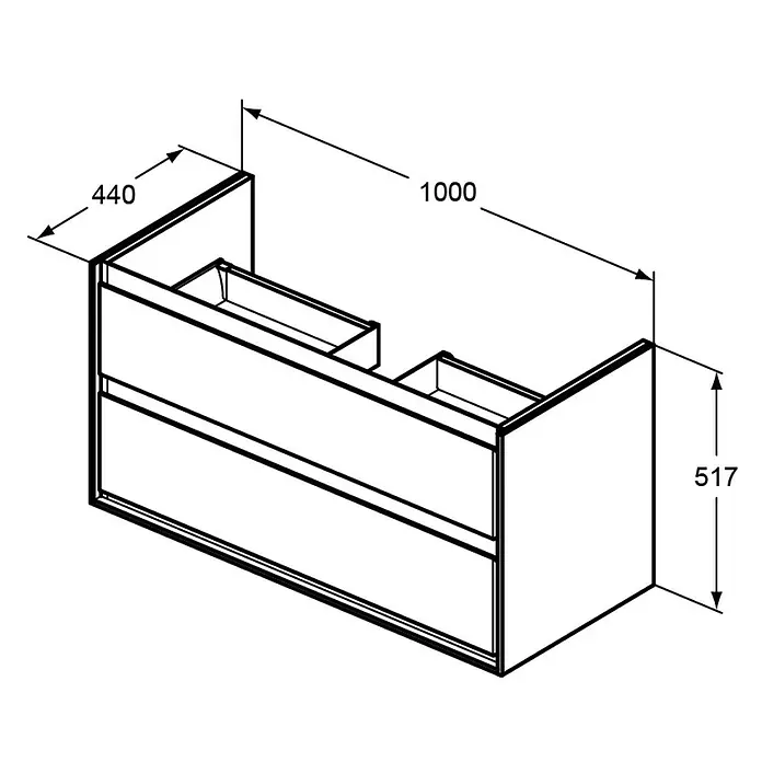 Ideal Standard Connect Air Waschtischunterschrank100 x 44 x 51,7 cm, Weiß, Glänzend - Schemazeichnung eines modernen Badezimmerunterschranks mit Schubladen und den Maßen 1000 x 440 x 517 mm.