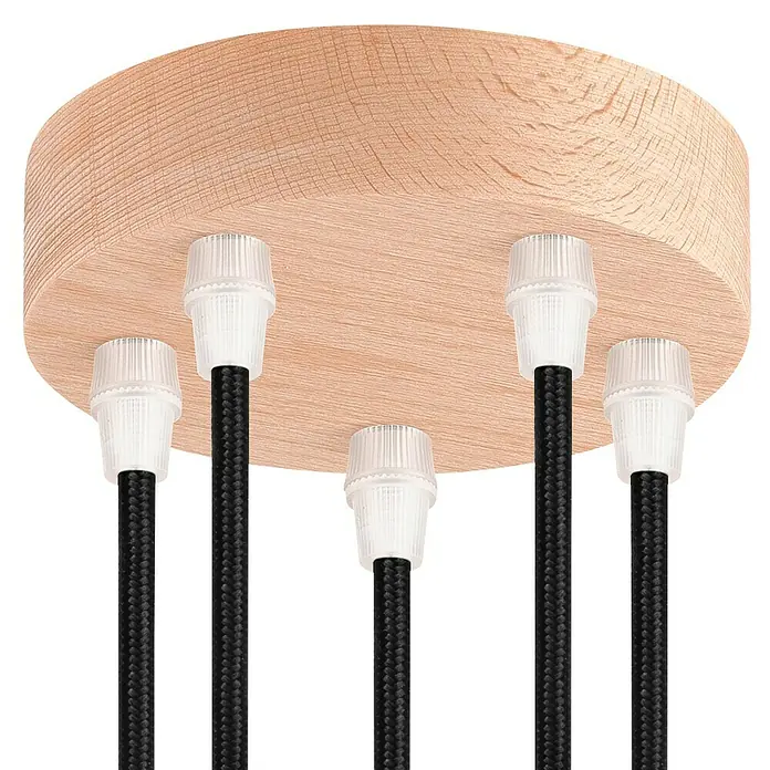 Home Sweet Home Lampenbaldachin - 5-fach, Holz Hellbraun, Holz, 12 cm - Nahaufnahme einer Deckenleuchte mit Holzbaldachin und fünf schwarzen Textilkabeln, die einen modernen und natürlichen Look erzeugen.