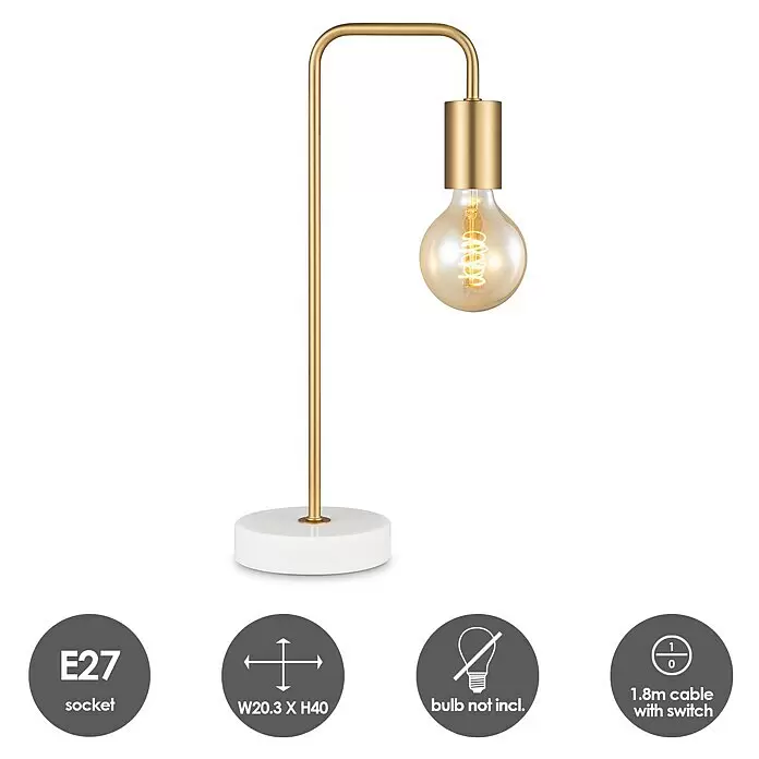 Deko-Tischleuchte Noble - 10 W, L x B x H: 20,3 x 40 x 20,3 cm, Gold - Goldene Tischlampe mit weißem Marmorsockel und sichtbarem E27-Leuchtmittel-Design.