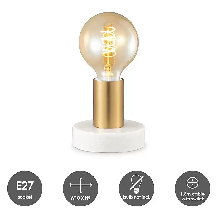 Deko-Tischleuchte Sten - 10 W, L x B x H: 10 x 9 x 9 cm, Gold - Minimalistische Tischleuchte aus Gold und weißem Marmor mit sichtbarer Vintage-Glühbirne.