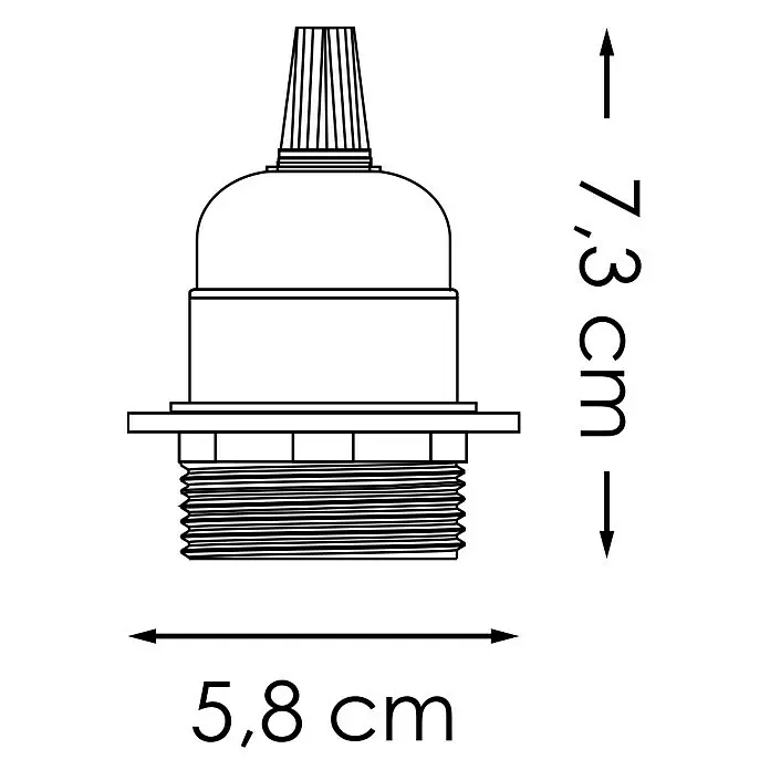 Home Sweet Home Lampenfassung - E27, Weiß, Kunststoff, Ø x H: 5,8 x 7,3 cm - Technische Zeichnung einer Lampenfassung mit Abmessungen: 7,3 cm Höhe und 5,8 cm Durchmesser.