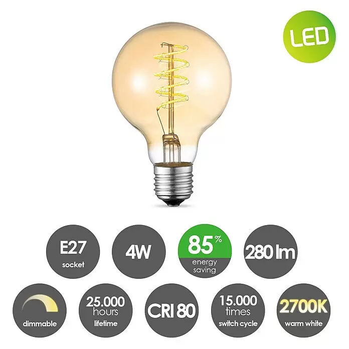 Home Sweet Home LED-Lampe Filament Classic Vintage Globe-Form - E27, Dimmbar, Warmweiß, 280 lm, 4 W - Bernstein-getönte LED-Filamentlampe mit E27-Schraubsockel, sichtbaren Spiralfäden und 2700K warmweißem Licht.