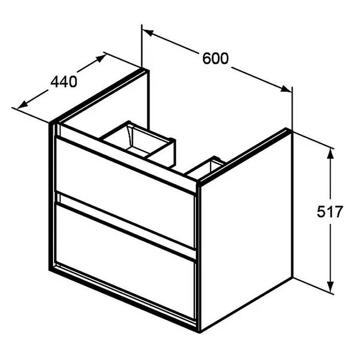 Ideal Standard Connect Air Waschtischunterschrank60 x 44 x 51,7 cm, Pinie/Braun, Matt - Zeichnung eines Badezimmerschranks mit zwei Schubladen und den Maßen 600x440x517 mm für die Badgestaltung.
