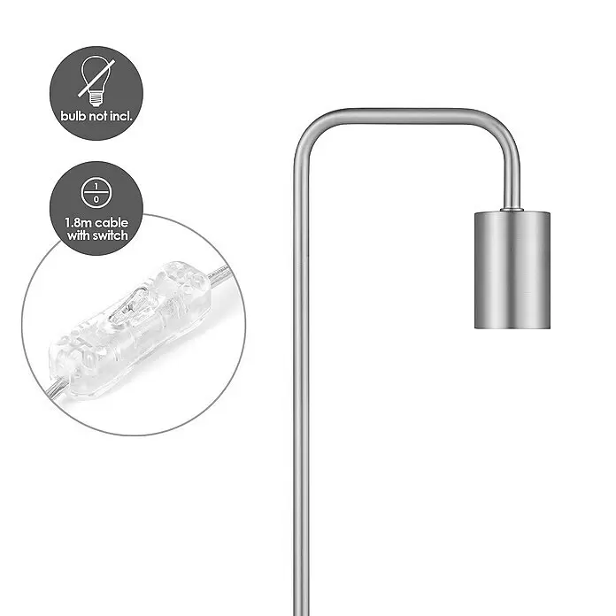 Deko-Tischleuchte Noble - 10 W, L x B x H: 20,3 x 20,3 x 40 cm, Stahl matt - Silberne Metall-Stehleuchte mit gebogenem Arm, zylindrischem Kopf und 1,8m transparentem Kabel mit Schalter (Leuchtmittel nicht enthalten).