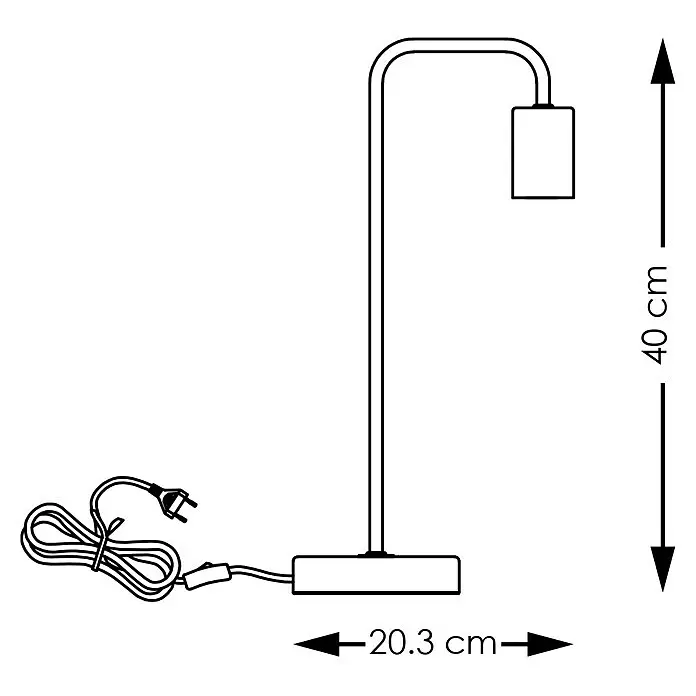Deko-Tischleuchte Noble - 10 W, L x B x H: 20,3 x 20,3 x 40 cm, Stahl matt - Strichzeichnung einer minimalistischen Schreibtischlampe mit Kabel, 40 cm hoch und 20,3 cm breite Basis.