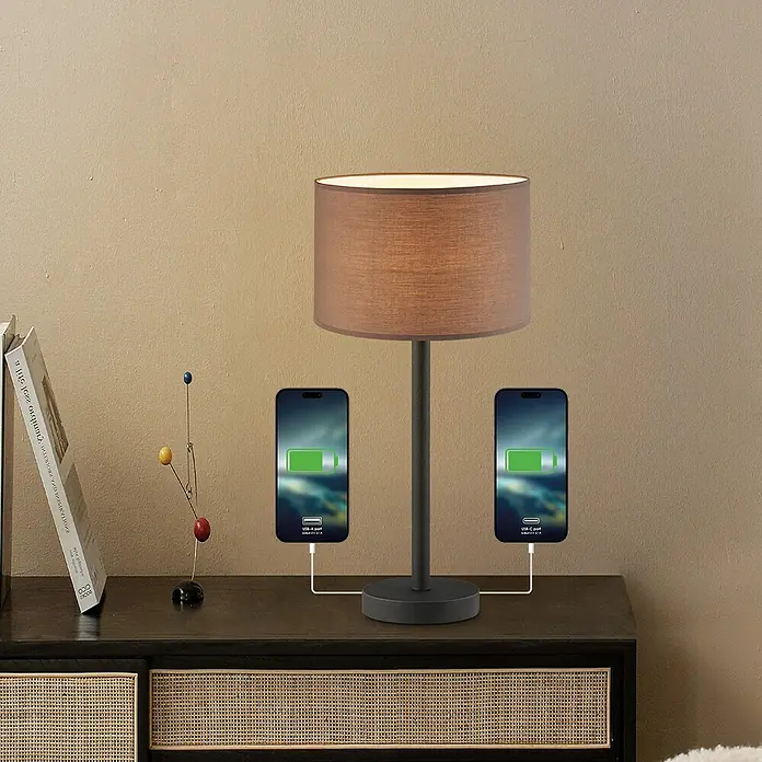 Home Sweet Home Lampenfuß Charge 39 - 10 W, Höhe: 39 cm, Schwarz, Edelstahl, E27 - Tischlampe mit integrierten USB-Anschlüssen zum Aufladen von Smartphones auf einem Nachttisch.