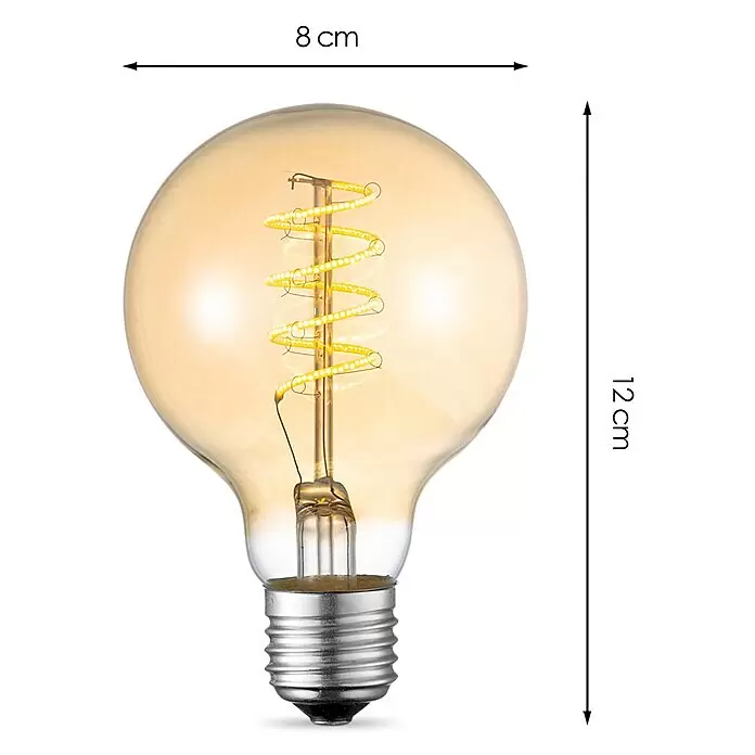 Home Sweet Home LED-Lampe Filament Classic Vintage Globe-Form - E27, Dimmbar, Warmweiß, 280 lm, 4 W - Bernstein LED-Glühbirne mit Spiralfaden, silbernem Schraubsockel. 8 cm Durchmesser, 12 cm Höhe.
