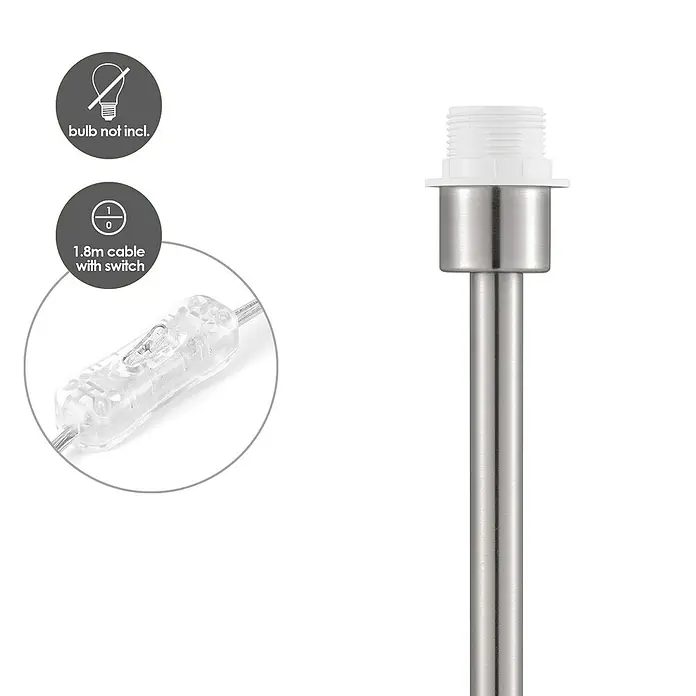 Home Sweet Home Lampenfuß Charge 39 - 10 W, Höhe: 39 cm, Silber, Edelstahl, E27 - Nahaufnahme einer Tischleuchte ohne Leuchtmittel, mit 1,8 m Kabel und Schalter, ideal für Nachttisch oder Schreibtisch.