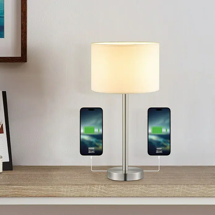 Home Sweet Home Lampenfuß Charge 39 - 10 W, Höhe: 39 cm, Silber, Edelstahl, E27 - Tischlampe mit USB-Ladeanschlüssen, die zwei Smartphones gleichzeitig auflädt. Elegantes Design für Nachttisch oder Schreibtisch.