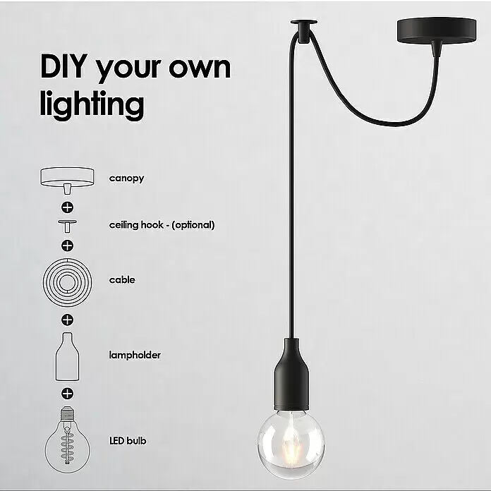 Home Sweet Home Lampenfassung - E27, Braun, Papier, Quadratisch - Schwarzes DIY-Pendelleuchten-Set mit Baldachin, Kabel, Lampenfassung und LED-Birne sowie der montierten Leuchte.