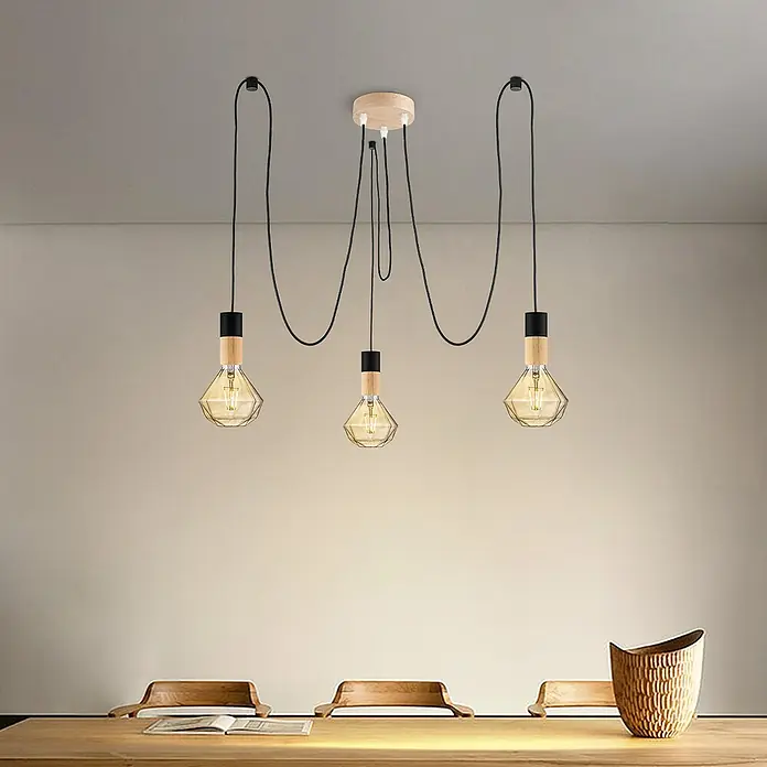 Home Sweet Home Lampenbaldachin - 3-fach, Holz Hellbraun, Holz, 12 cm - Elegante Pendelleuchte mit drei Edison-Glühbirnen in Käfigoptik, die einen warmen Schein über einem Esstisch verbreiten.