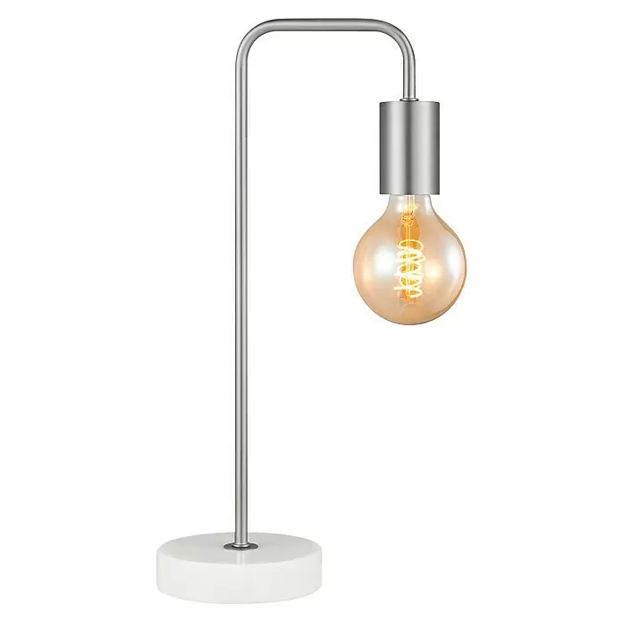 Deko-Tischleuchte Noble - 10 W, L x B x H: 20,3 x 20,3 x 40 cm, Stahl matt - Moderne Tischleuchte mit silbernem Metallgestell, weißem Fuß und glühender Edison-Birne.