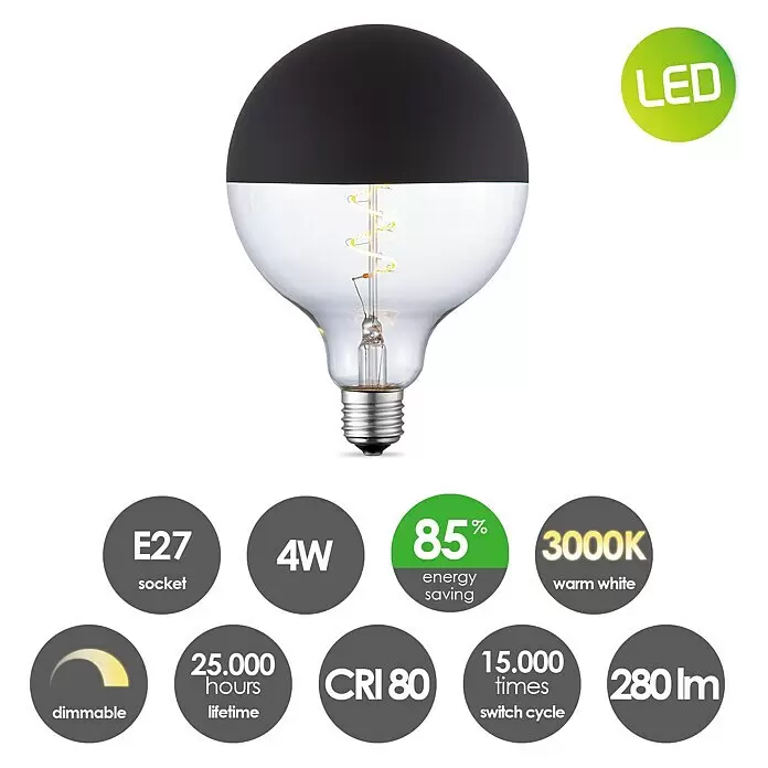 Home Sweet Home LED-Lampe Filament Classic Vintage Globe-Form - E27, Dimmbar, Neutralweiß, 280 lm, 4 W - LED-Filamentlampe mit klarem Glaskörper, schwarzer Kappe und sichtbarem Spiralglühfaden.