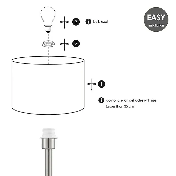Home Sweet Home Lampenfuß Charge 39 - 10 W, Höhe: 39 cm, Silber, Edelstahl, E27 - Montageanleitung für eine Lampe, die die Reihenfolge der Installation von Lampenschirm, Halterung und Glühbirne zeigt.