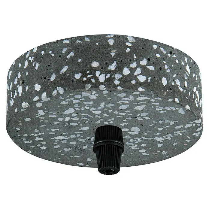 Home Sweet Home Lampenbaldachin - 1-fach, Grau/Schwarz, Beton, 11 cm - Nahaufnahme einer modernen Terrazzo Deckenleuchte mit schwarzem Lampenhalter vor schwarzem Hintergrund.