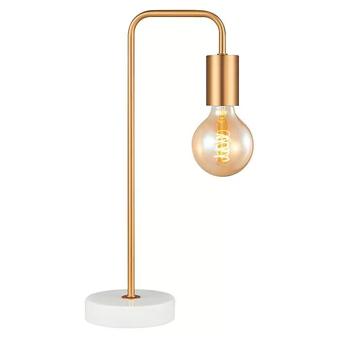 Deko-Tischleuchte Noble - 10 W, L x B x H: 20,3 x 40 x 20,3 cm, Gold - Goldene Tischlampe mit weißem Sockel und freiliegender Vintage-Glühbirne.