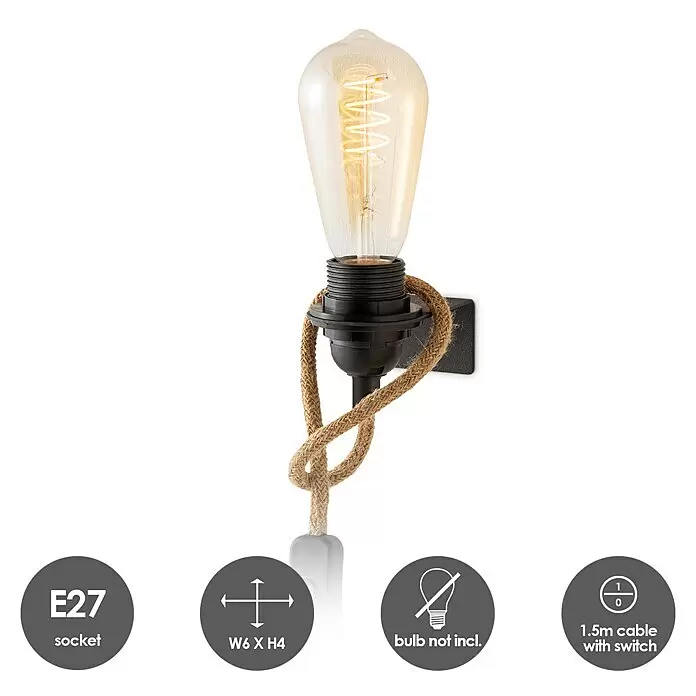 Home Sweet Home Wandleuchte DIY - 10 W, L x B x H: 4 x 6 x 10 cm, Schwarz/Natur, E27 - Wandleuchte im Industriestil mit schwarzer Fassung und geflochtenem Juteseil, mit Edison-Stil Glühbirne.