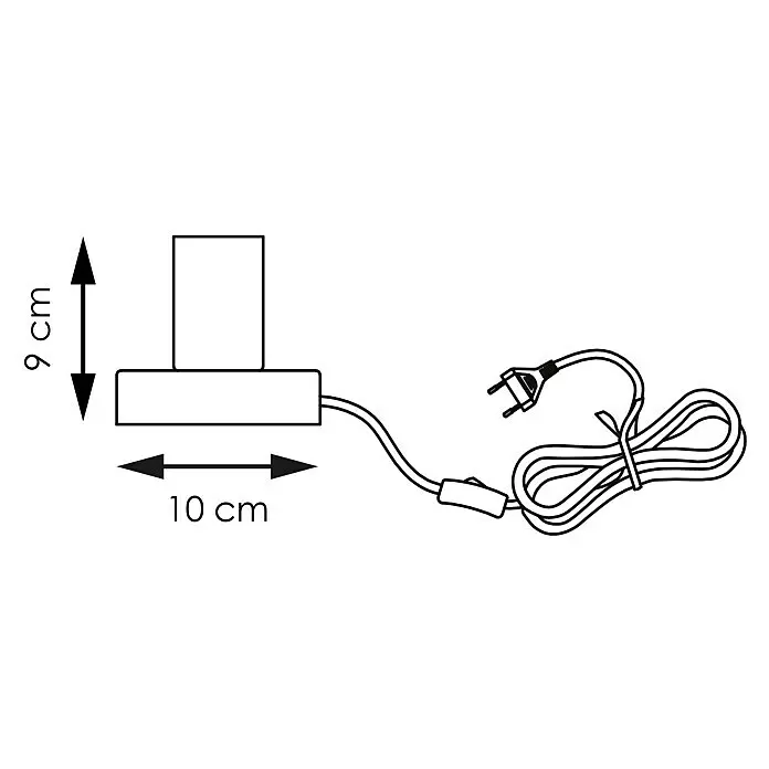 Deko-Tischleuchte Sten - 10 W, L x B x H: 10 x 9 x 9 cm, Stahl matt - Strichzeichnung einer kleinen Leuchte, 9 cm hoch und 10 cm breit, mit Kabel, Schnurschalter und Eurostecker.