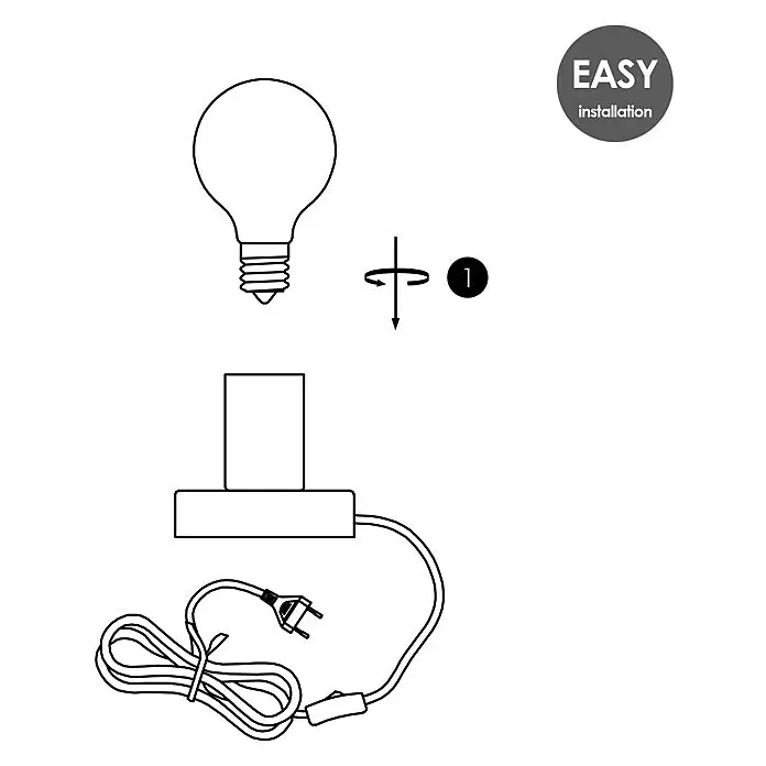 Deko-Tischleuchte Sten - 10 W, L x B x H: 10 x 9 x 9 cm, Gold - Diagramm zur Montage einer Glühbirne in eine Lampenfassung, mit Kabel, Stecker und Schalter der Lampe.