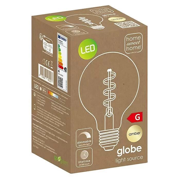 Home Sweet Home LED-Lampe Filament Classic Vintage Globe-Form - E27, Dimmbar, Warmweiß, 280 lm, 4 W - Braune Kraftpapier-Box für eine 'Home Sweet Home' LED-Glühbirne, mit bernsteinfarbenem Licht, Dimmfunktion und 25.000 Stunden Lebensdauer.