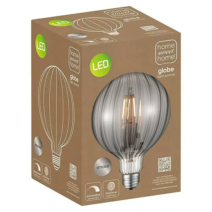 Home Sweet Home LED-Lampe Filament Classic Vintage Globe-Form gestreift - E27, Dimmbar, Warmweiß, 140 lm, 4 W - Rauchfarbene, geriffelte LED-Globelampe in brauner Kartonverpackung, dimmbar mit 25.000 Stunden Lebensdauer.