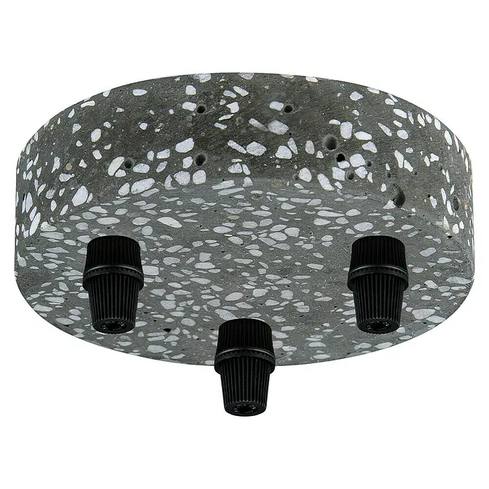 Home Sweet Home Lampenbaldachin - 3-fach, Grau/Schwarz, Beton, 12 cm - Nahaufnahme einer runden Terrazzo-Deckenhalterung mit drei schwarzen Fassungen, die für ein minimalistisches Design sorgen.