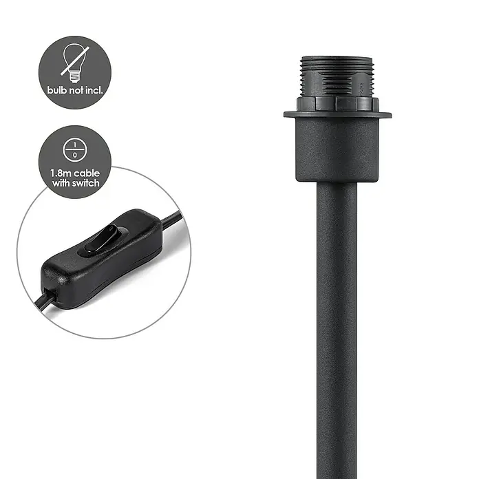 Home Sweet Home Lampenfuß Charge 39 - 10 W, Höhe: 39 cm, Schwarz, Edelstahl, E27 - Detailaufnahme einer schwarzen Lampenfassung mit Kabel und Schalter. Leuchtmittel nicht enthalten.