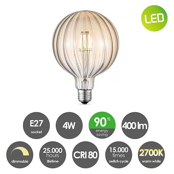 Home Sweet Home LED-Lampe Filament Classic Vintage Globe-Form gestreift - E27, Dimmbar, Warmweiß, 400 lm, 4 W - Dimmbare LED-Birne mit geripptem, bernsteinfarbenem Glas und E27-Sockel, spendet warmweißes Licht.