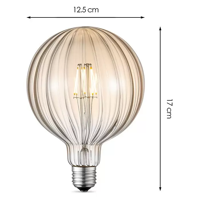Home Sweet Home LED-Lampe Filament Classic Vintage Globe-Form gestreift - E27, Dimmbar, Warmweiß, 400 lm, 4 W - Große, gerippte LED-Glühbirne aus bernsteinfarbenem Glas mit warmem Licht und E27-Sockel, 12,5 cm breit und 17 cm hoch.