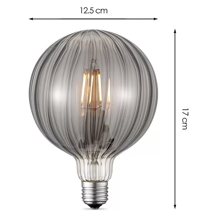 Home Sweet Home LED-Lampe Filament Classic Vintage Globe-Form gestreift - E27, Dimmbar, Warmweiß, 140 lm, 4 W - Gerippte rauchgraue LED-Filament-Globuslampe, 12,5 cm Durchmesser, 17 cm hoch, mit glühenden Filamenten und Schraubsockel.