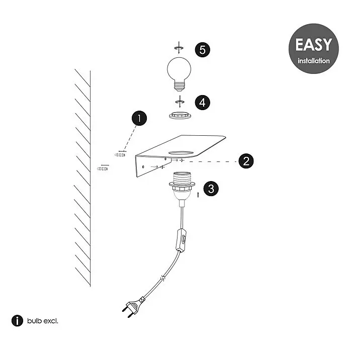 Home Sweet Home Wandleuchte DIY - 10 W, L x B x H: 4 x 20 x 11 cm, Schwarz/Natur, E27 - Weißes Wandregal mit Lampe, Montage von Fassung, Ring und Leuchtmittel. Leuchtmittel exkl.