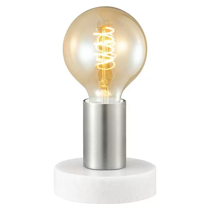 Deko-Tischleuchte Sten - 10 W, L x B x H: 10 x 9 x 9 cm, Stahl matt - Tischleuchte mit amberfarbener Spiral-LED-Birne, zylindrischem Fuß aus gebürstetem Silber und rundem Marmorsockel.