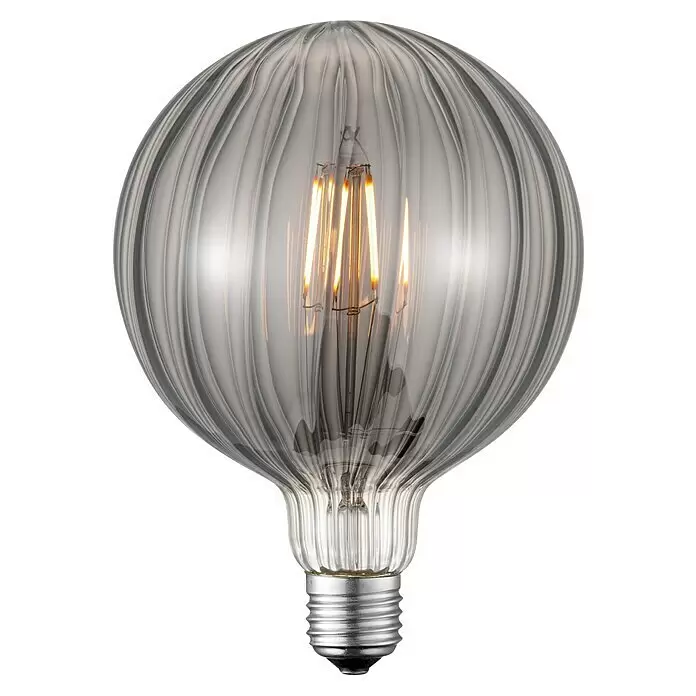 Home Sweet Home LED-Lampe Filament Classic Vintage Globe-Form gestreift - E27, Dimmbar, Warmweiß, 140 lm, 4 W - Gerippte LED-Glühbirne aus Rauchglas mit sichtbaren Filamenten und Schraubsockel.