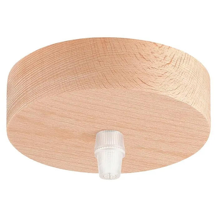 Home Sweet Home Lampenbaldachin - 1-fach, Holz Hellbraun, Holz, 11 cm - Detailaufnahme einer runden Holz-Deckenrosette mit einer transparenten Kunststoffhalterung für eine Lampe, die eine natürliche Beleuchtung ermöglicht.