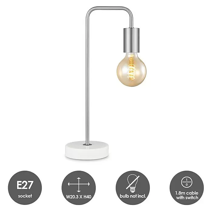 Deko-Tischleuchte Noble - 10 W, L x B x H: 20,3 x 20,3 x 40 cm, Stahl matt - Moderne Tischlampe mit silbernem Metallrahmen und weißem Sockel, mit einer E27-Fassung für eine sichtbare Glühbirne. Glühbirne nicht enthalten.