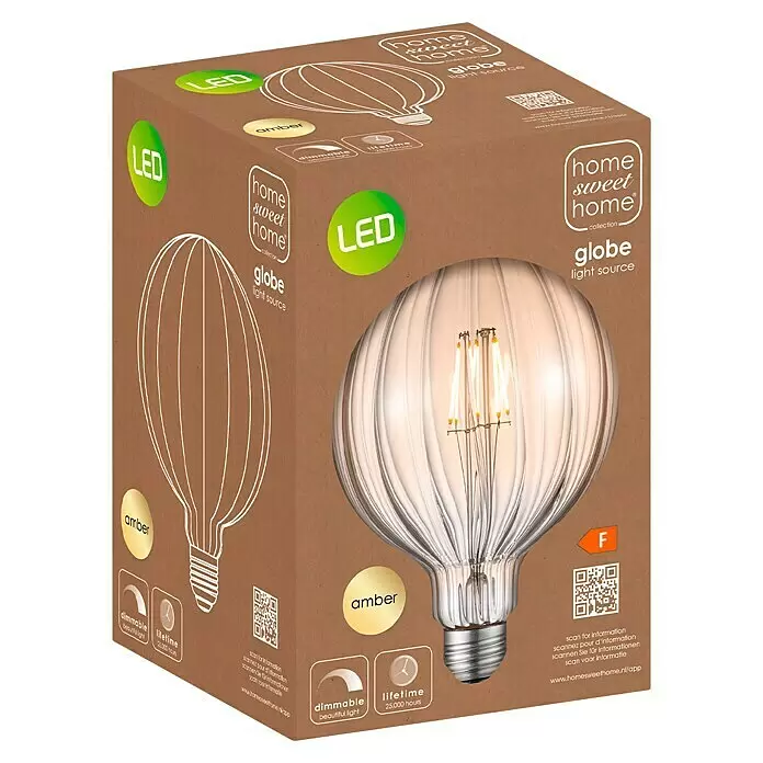 Home Sweet Home LED-Lampe Filament Classic Vintage Globe-Form gestreift - E27, Dimmbar, Warmweiß, 400 lm, 4 W - Bernsteinfarbene, gerippte LED-Globus-Glühbirne in braunem Karton.