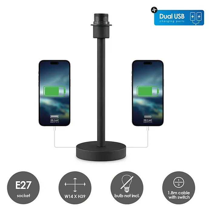 Home Sweet Home Lampenfuß Charge 39 - 10 W, Höhe: 39 cm, Schwarz, Edelstahl, E27 - Abbildung einer schwarzen Tischleuchte mit E27-Fassung und dualen USB-Ladeanschlüssen zum Aufladen von Geräten.