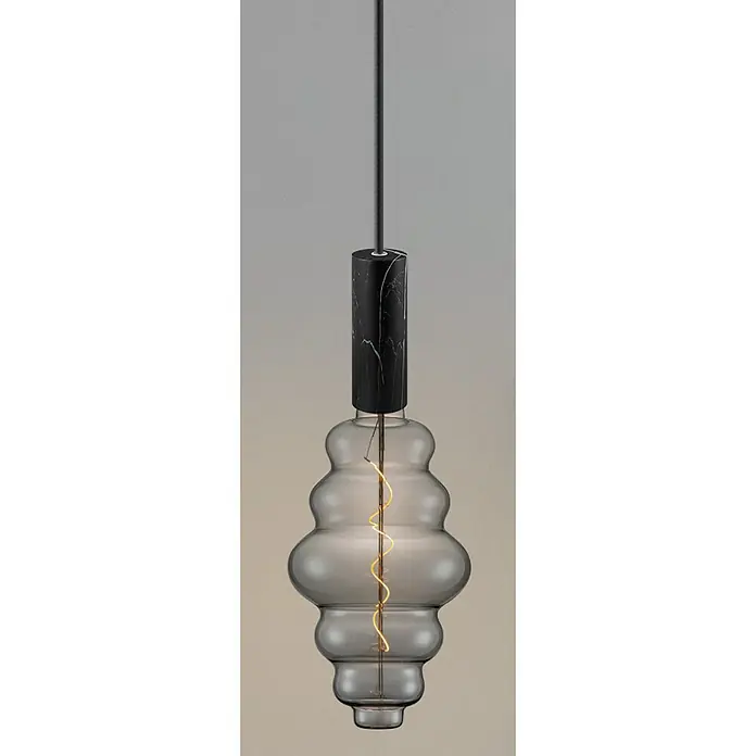 Home Sweet Home Lampenfassung - E27, Schwarz marmoriert, Metall, Ø x H: 5 x 14 cm - Diese moderne Pendelleuchte verfügt über einen grauen Glasschirm mit einem spiralförmigen Leuchtfaden, der von einer schwarzen Marmorhalterung gehalten wird.
