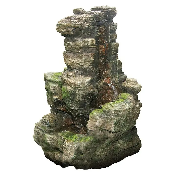 Ubbink AcquaArte Gartenbrunnen Chios - 47 x 32 x 58 cm, Kunststoff, Braun - Nahaufnahme eines detailreichen dekorativen Felsenbrunnen für den Außenbereich mit kaskadierendem Wasser und Moosbewuchs.