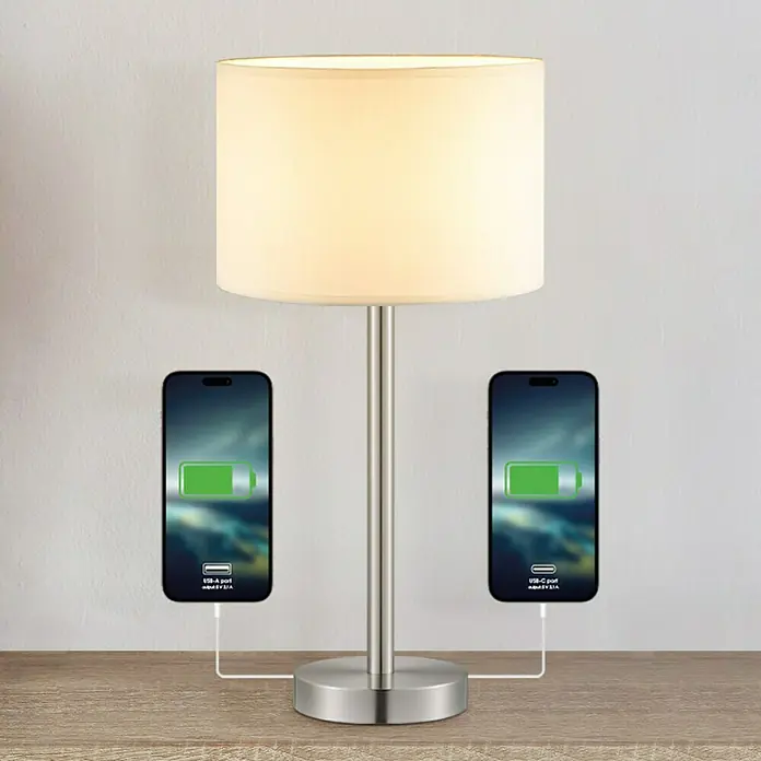 Home Sweet Home Lampenfuß Charge 39 - 10 W, Höhe: 39 cm, Silber, Edelstahl, E27 - Tischleuchte mit USB-Ladeanschlüssen lädt zwei Smartphones gleichzeitig auf. Praktisch und stilvoll für Nachttisch oder Büro.