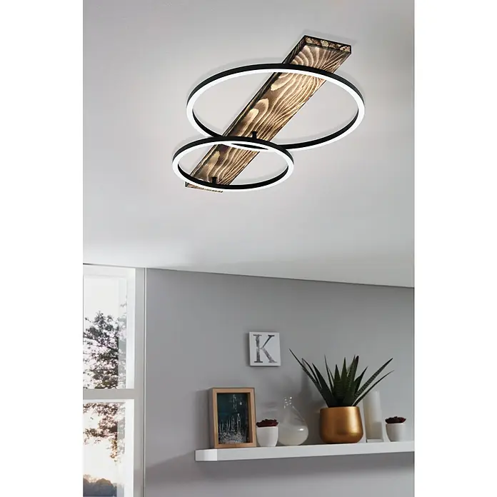 Eglo Boyal Plafón LED - 24 W, 78 x 40 x 9 cm, Madera/Claro, Blanco cálido, Número de bombillas: 2 ud. - Lámpara de techo moderna con tablón de madera y dos anillos LED negros y blancos, que proporciona una iluminación elegante a la habitación.