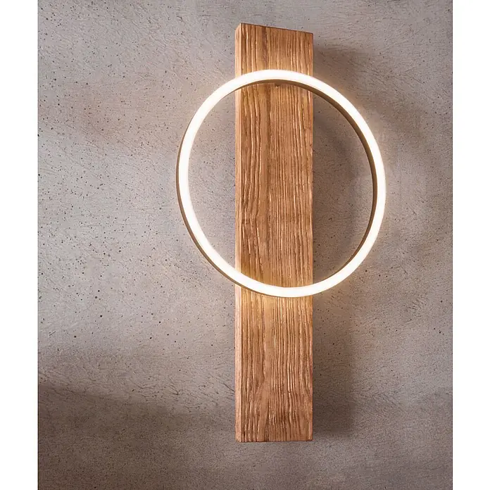 Eglo Boyal Aplique de pared LED - 12 W, Madera/Claro, Blanco cálido - Lámpara de pared con fondo de madera y luz LED circular, creando un ambiente moderno y cálido.\n