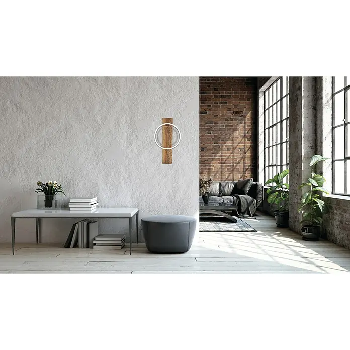 Eglo Boyal LED-Wandleuchte - 12 W, Holz/Klar, Warmweiß - Eine moderne Wandleuchte mit Holzdetails und einem kreisförmigen Lichtelement vor einer strukturierten Wand.