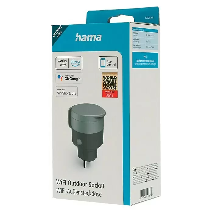 Hama Smart-Steckdose Outdoor - Außen, IP44, Grau, 2.300 W, 10 A - Ein grau-schwarzer Hama WLAN-Außenstecker mit Klappdeckel und Eurostecker für die Smart-Home-Steuerung im Freien.
