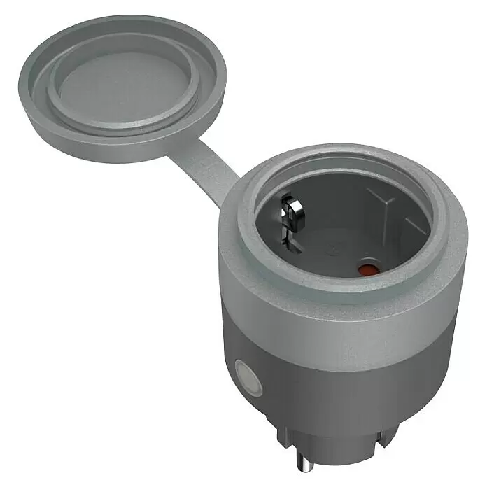 Hama Smart-Steckdose Outdoor - Außen, IP44, Grau, 2.300 W, 10 A - Graue Kunststoff-Steckdose mit geöffneter Schutzkappe, die das Innere und die Kontakte zeigt.
