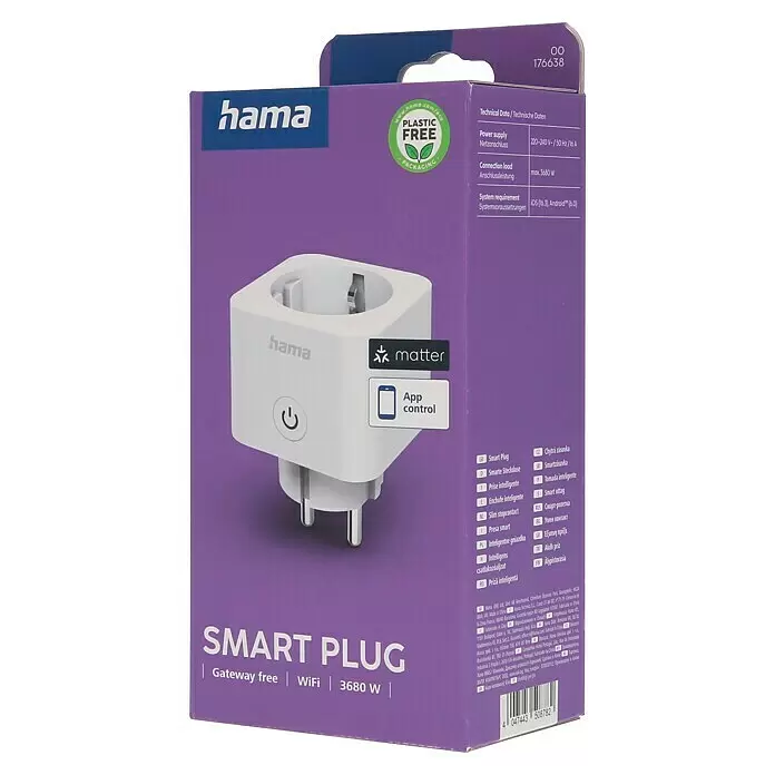 Hama Smart-Steckdose WLAN Matter - Innen, Weiß, 3.680 W - Ein weißer Hama Smart Plug (Schuko) mit Einschalttaste und 'Matter'-Logo auf violetter Verpackung. App-steuerbar, WiFi, max. 3680W.
