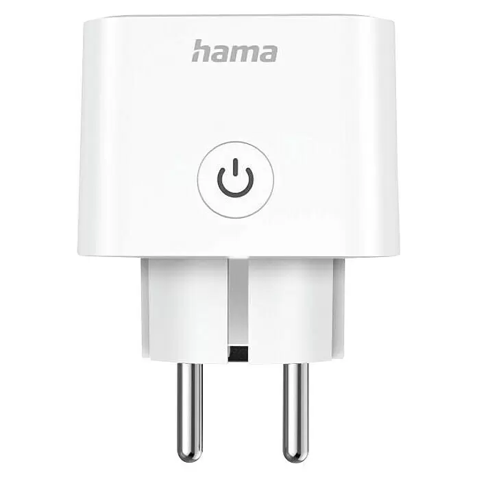 Hama Smart-Steckdose WLAN Matter - Innen, Weiß, 3.680 W - Weißer Hama Smart Plug mit Power-Taste und zwei Metallstiften.