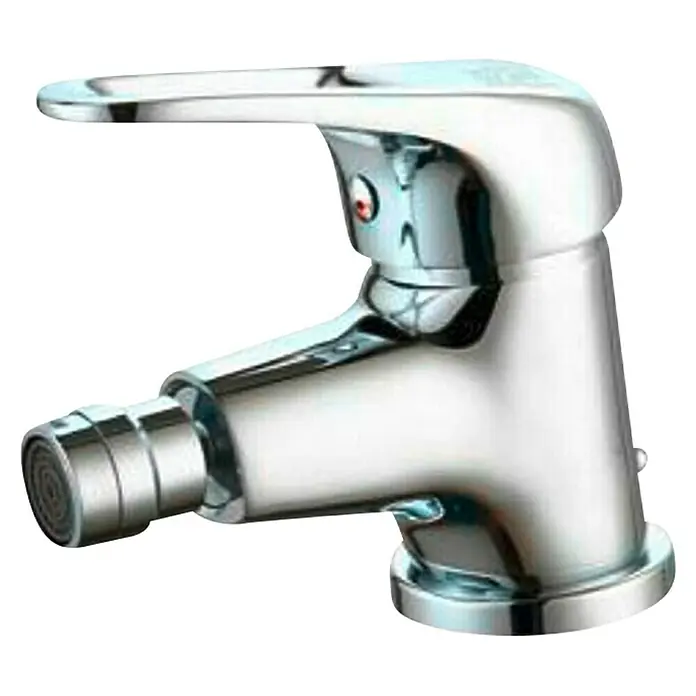 Universal de Grifería Nilo Grifo monomando de bidé - Cromo, Brillante - Primer plano de un grifo de bidé cromado brillante con manija de palanca y boquilla rociadora. Perfecto para accesorios de baño elegantes e higiénicos.