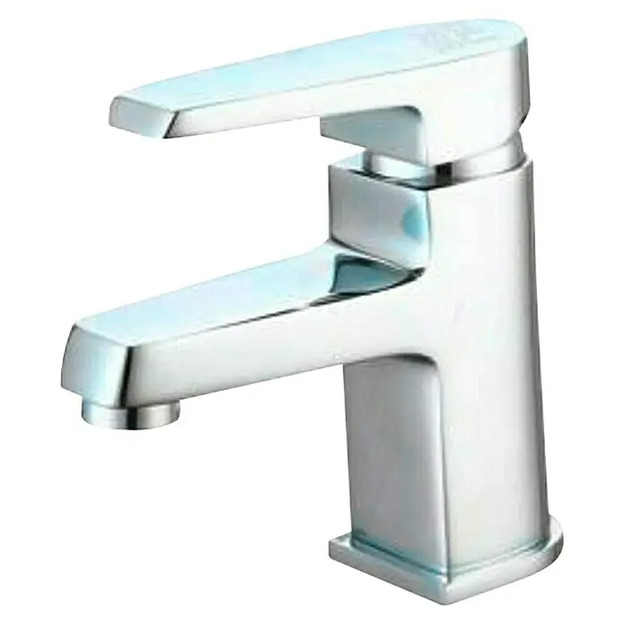 Universal de Grifería Sil Grifo de lavabo - Cromo, Brillante - Primer plano de un grifo moderno cromado para baño o cocina sobre una superficie negra.